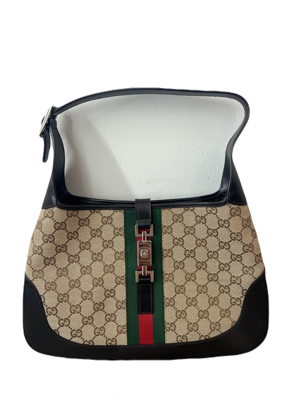 Gucci Monogram Canvas Jackie Hobo Shoulder Bag with Web Stripe